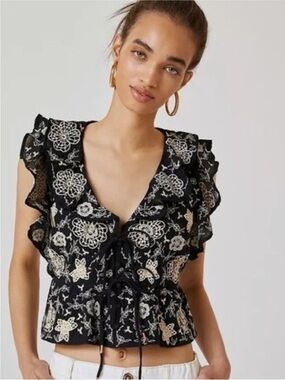 Anthropologie Black Blouse with Cream Floral Embroidery